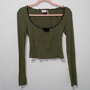 Whimsygoth Forest Green Ribbed Babydoll Comfy Long Sleeve W/ Black Ribbon Detail